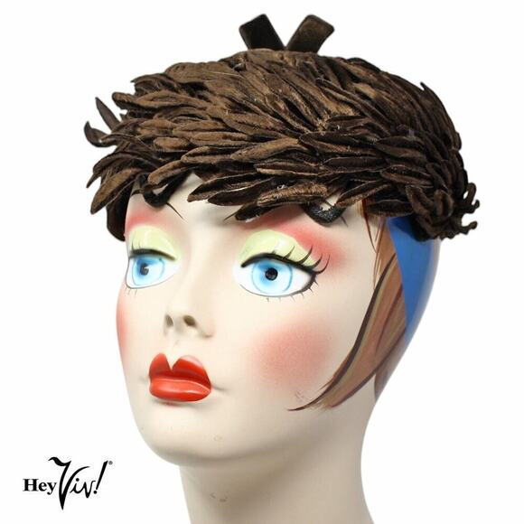Vintage 50s 60s Brown Velvet Cocktail Hat w Cutout Leaf Shapes on Frame -Hey Viv - Picture 1 of 6